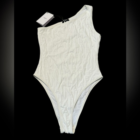 BALMAIN***White Monogram One-Shoulder One-Piece Swimsuit***Small $620 - Picture 3 of 12